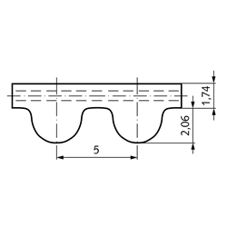 HTD-Zahnriemen Neopren Profil 5M Breite 15mm Wirklänge 740mm Zähnezahl 148 , Technische Zeichnung