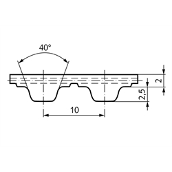 PU-Zahnriemen Profil T10 Breite 25mm Wirklänge 840mm Zähnezahl 84 25 T10/840 , Technische Zeichnung