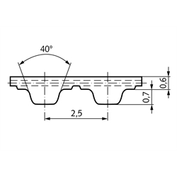 PU-Zahnriemen Profil T2,5 Breite 10mm Wirklänge 305mm Zähnezahl 122 10 T2,5/305 , Technische Zeichnung