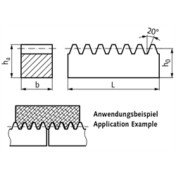 Montagehilfe für Zahnstangen Stahl C45K Modul 5 Zahnbreite 40mm Höhe 50mm Länge ca. 201mm, Technische Zeichnung