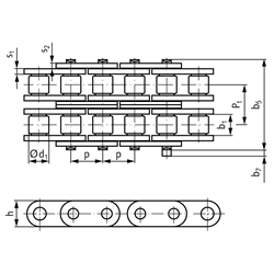 Zweifach-Rollenkette ähnlich DIN ISO 606 10 B-2-GL mit geraden Laschen, Technische Zeichnung