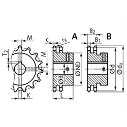 Zweifach-Kettenrad ZRF mit einseitiger Nabe 12 B-2 19 Zähne Bohrung 30H7 Passfedernut DIN 6885/1 2 Stellschraubengewinde Material Stahl Zähne induktiv gehärtet, Technische Zeichnung