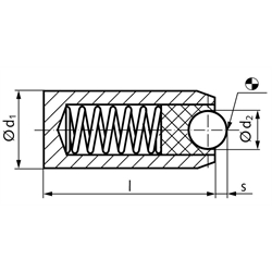 Federndes Druckstück d1=10mm glatt ohne Bund mit beweglicher Kugel Edelstahl, Technische Zeichnung